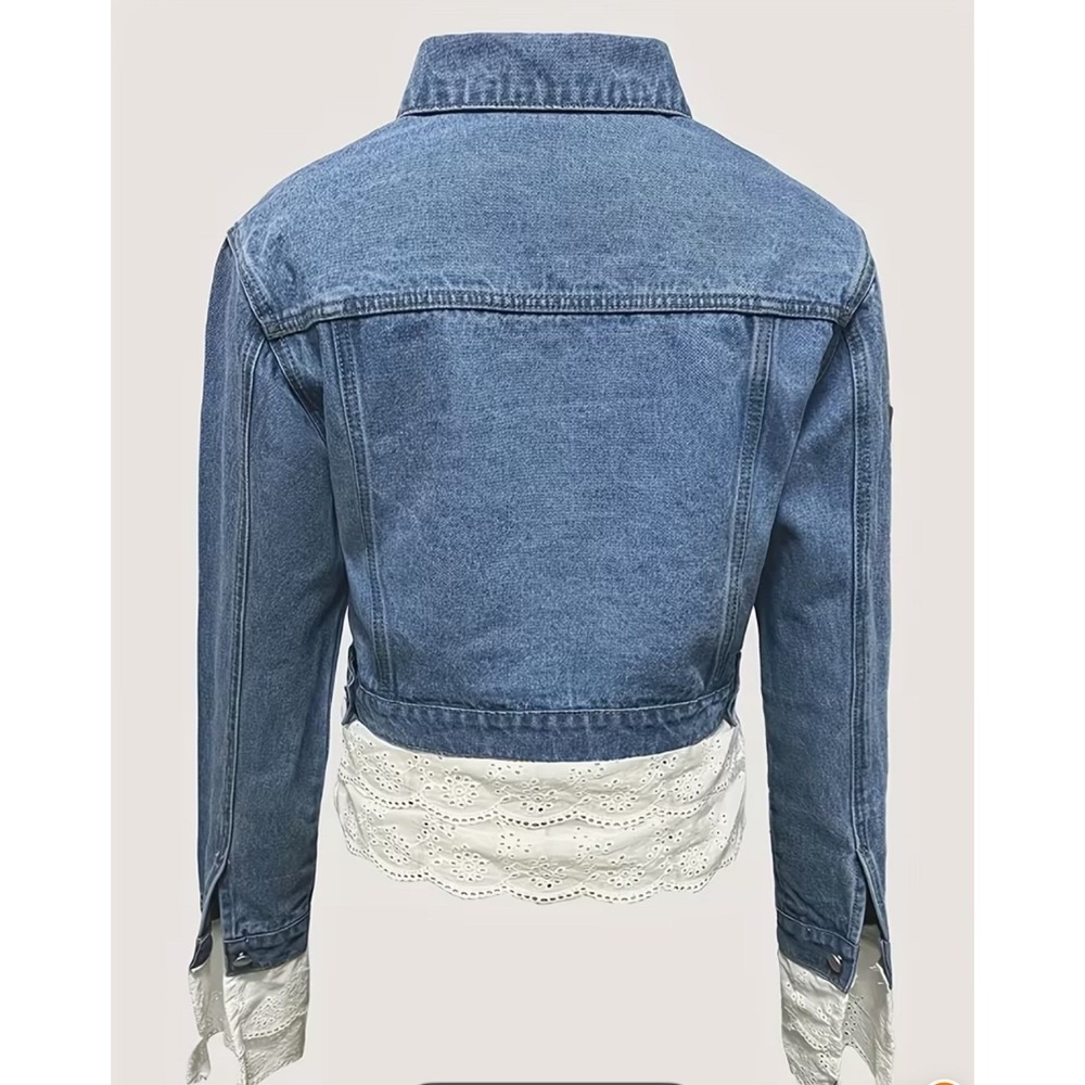 Denim Jacket White Lace Trim Cropped Blue Jean Fashion Womens - Picture 2 of 2